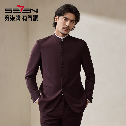 Qipai Chinese Stand Collar Suit Men's 2025 Autumn and Winter New Business Casual Mao Suit Wedding Dress Suit Maroon M (170) B46