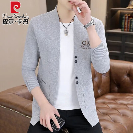 Pierre Cardin high-end wool knitted cardigan jacket for men spring and autumn new style fashionable and versatile outer wear long-sleeved sweater gray 2XL recommended 150-165Jin Jin equals 0.5 kg