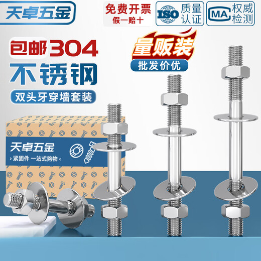 Tianzhuo Hardware 304 stainless steel double-head thread wall screw long screw lengthened thread bolt through screw rod MM6M8M10M12 M3*16 30 sets