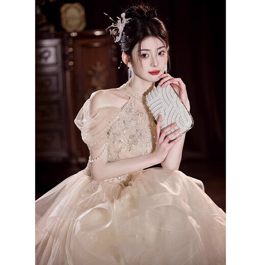 ROMON Evening Gown Women's Light Wedding Dress High-end Light Luxury Host Adult Ceremony Bridesmaid Toast Wear Dressing Dress Engagement Birthday Princess Dress Champagne L