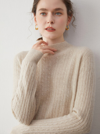 SENLIYA international light luxury high-end cashmere sweater soft and waxy half turtleneck cashmere sweater women's sweater cable pullover loose knitted blue velvet color S