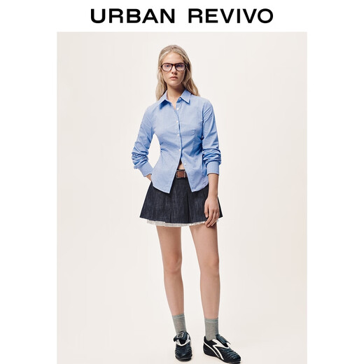 UR2025 neue winter frauen casual kontrast karierten revers plissierten strickjacke hemd UYL250159 blau kariert XL