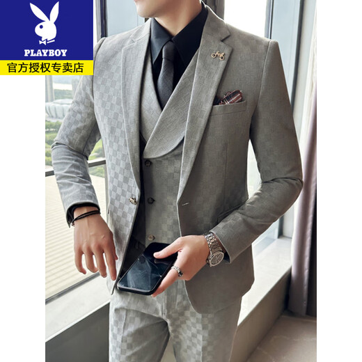 Playboy suit suit men's three-piece slim coat plaid small suit professional formal suit groom handsome wedding dress trendy dark gray suit + vest + trousers + free white shirt + black tie L