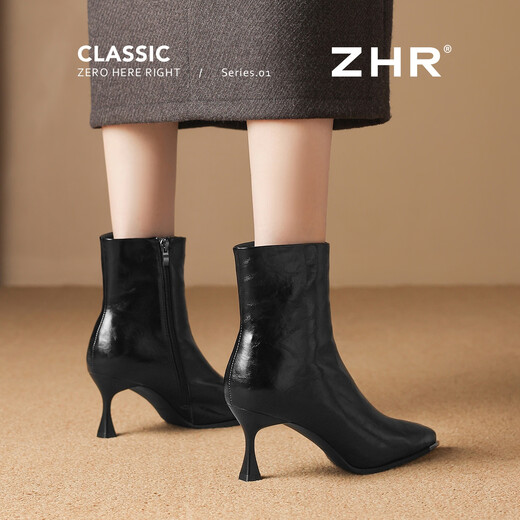 ZHR high heels women's autumn and winter stiletto pointed short boots temperament commuting plus velvet women's boots French ankle boots BQ137A black 37