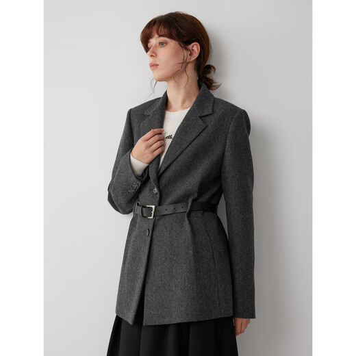 ELLE sheep wool silhouette woolen suit jacket for women 2025 winter new style high-end belt commuter suit dark gray S