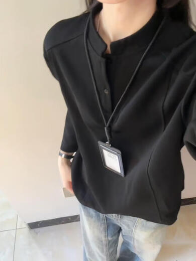 Yingtang shoulder polo shirt sweatshirt for men and women, autumn henley collar long-sleeved t-shirt, cleanfit inner layering shirt, black M