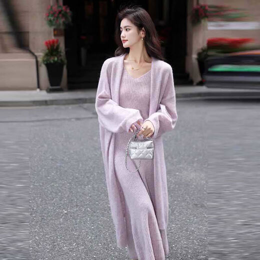 French gentle style style sweater knitted dress suit spring and autumn cardigan suspender long skirt two-piece set for women purple factory straight hair S S recommended 80Jin Jin equals 0.5kg -95Jin Jin equals 0.5kg