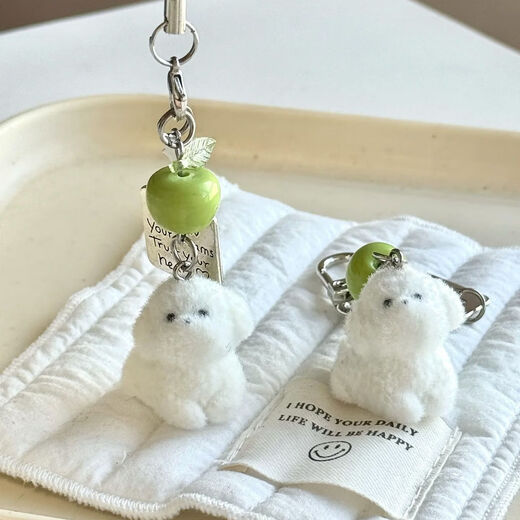 Cool and icy apple flocked puppy and kitten mobile phone chain summer dopamine mobile phone bag pendant Green apple puppy mobile phone chain