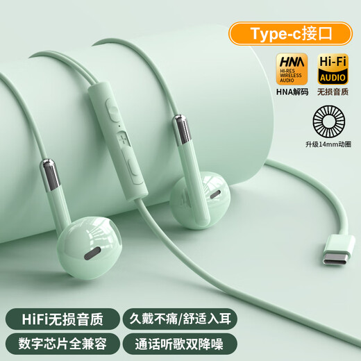 Sawang German digital headphones wired in-ear typec high-quality HIFI noise reduction K-singing mobile phone tablet round hole mobile phone headphones upgraded version Type-C flat mouth wire control with microphone 14mm dynamic coil green