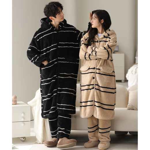 Fuxinkang Couple Pajamas Autumn and Winter Coral Velvet Thickened and Long Warm Men and Women Pajamas Flannel Bathrobes Home Clothes MJX-61065 2XL - Female Height 170-175 - Weight 140-160