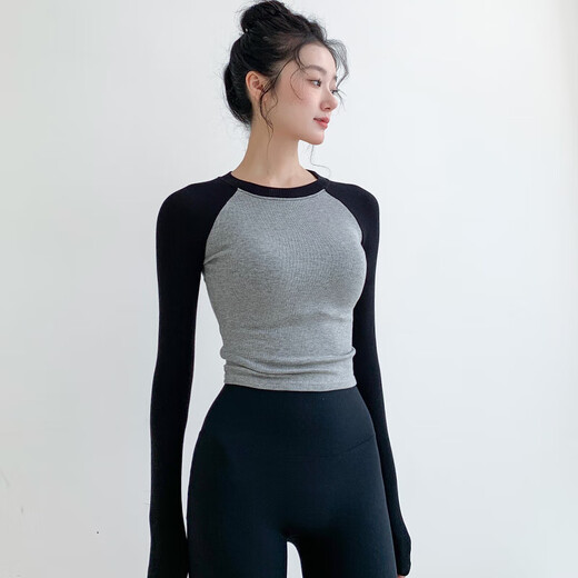 LULU Flagship Store Quick-drying Slimming Sports Top Women's Running Fitness Wear Long Sleeve Tight Pilates Training Wear Yoga Black and Gray M