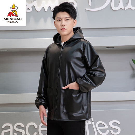 稻草人（MEXICAN）男士皮衣皮裤套装防油防水机车摩托车防风保暖屠宰水产劳保工作服 黄金绒加绒连帽[棉款上衣] 加厚 L (小号)
