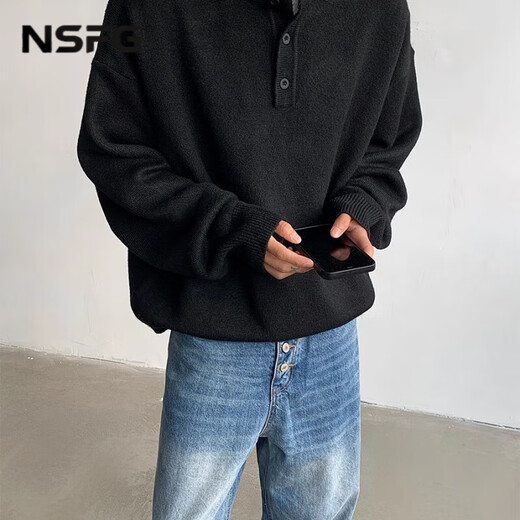 NSFG American retro Henry collar sweater men's autumn and winter men's casual lazy style sweater men's solid color sweater dark gray M (85-100Jin Jin equals 0.5 kg)