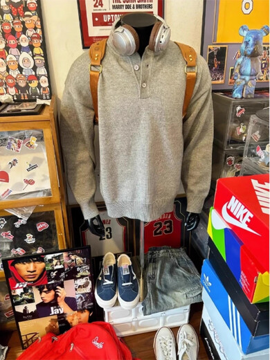 QGF Henry collar gray cleanfit sweater men's autumn lazy style polo sweater American sweatshirt jacket light gray XL recommended 110-130Jin Jin equals 0.5 kg