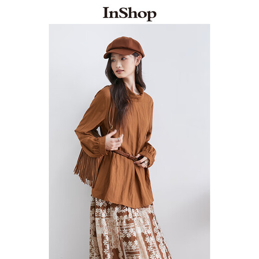 InShop【商场同款】新款女优雅氛围感衬衫腰带气质通勤上衣 摩卡咖色 S