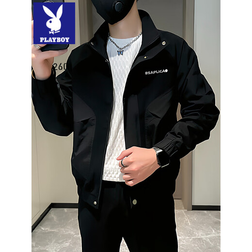 Playboy trendy brand handsome stand-up collar jacket men's spring casual versatile men's jacket 2025 new high-end spring top black L recommended 115-130 Jin Jin equals 0.5 kg