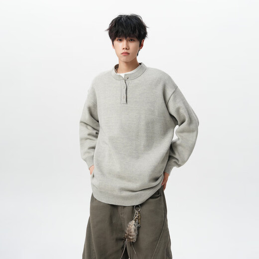 Carew micro Henry collar sweater men's large size student outdoor loose lazy style knitted sweater with warm base layer for men light gray M