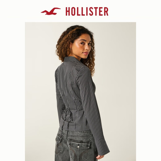 HOLLISTER25 new autumn and winter Y2K hot girl striped poplin bell sleeve shirt women's 340-5490 charcoal gray striped XS (160/80A)