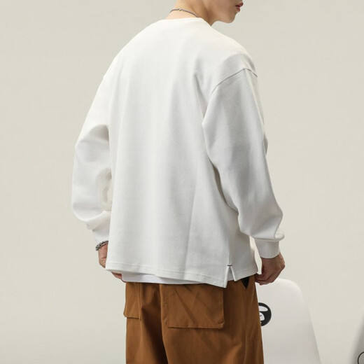 Kuraishi Kazuki autumn heavy cotton men's long-sleeved T-shirt loose large size American fashion brand casual Henry collar bottoming shirt sweatshirt black M suitable for 110-130Jin Jin equals 0.5 kg