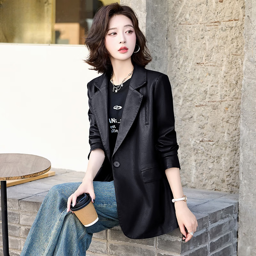 LIIS International Light Luxury High-end Jacket New Leather Suit Jacket Women's Maillard Retro Temperament Casual Black XL