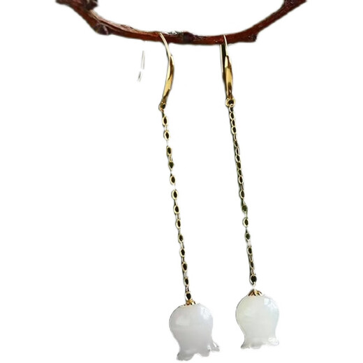 Fat Donglai's same style 18k gold ear wire natural Hetian white jade earrings plated 18K gold long ear wire lily of the valley earrings