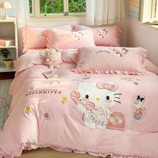 Class A high-end milk velvet bed four-piece children's quilt cover bed sheet coral velvet quilt plus velvet thickened winter cute KT cat Class A thickened warm anti-static 1.8m bed sheet four-piece set quilt cover 200x230