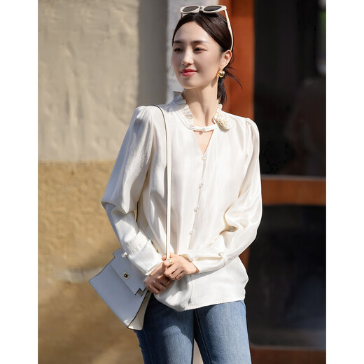 Demana shiny silk autumn temperament V-shaped flower decoration small stand-up collar shirt puff sleeve shirt women's top