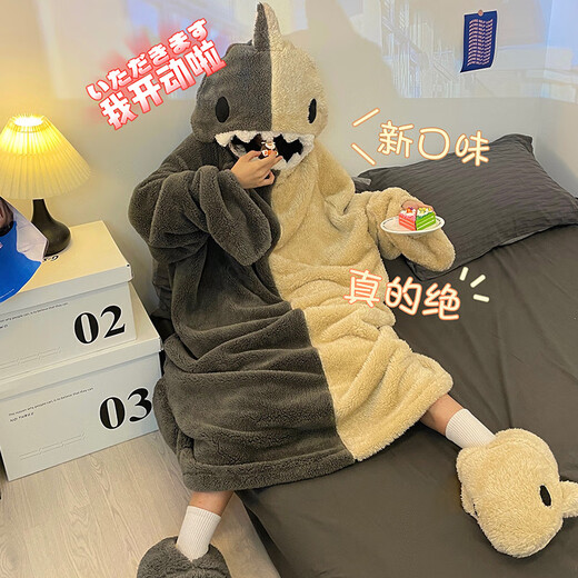 Langsha Ugly Fish Pajamas for Women Autumn and Winter Coral Velvet Couple One-piece Cartoon Funny Nightgown Men's Thickened Plus Size Nightgown A009 (No Shoes) XL