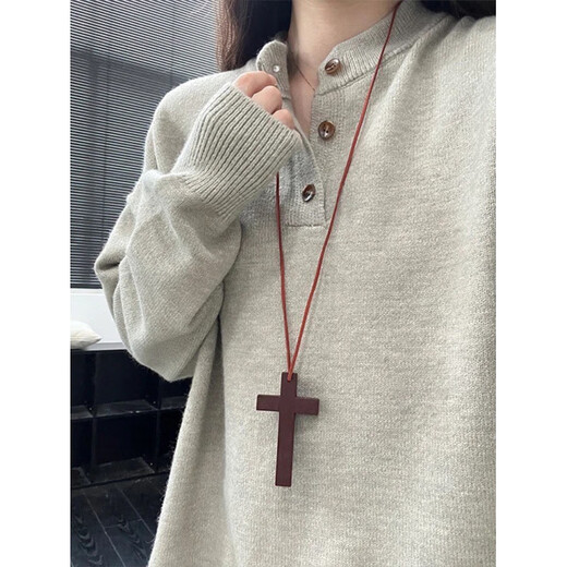 XUANSENTU gray American retro Henry collar sweater men's autumn and winter lazy style sweater couple base polo trend floral gray upgraded model M