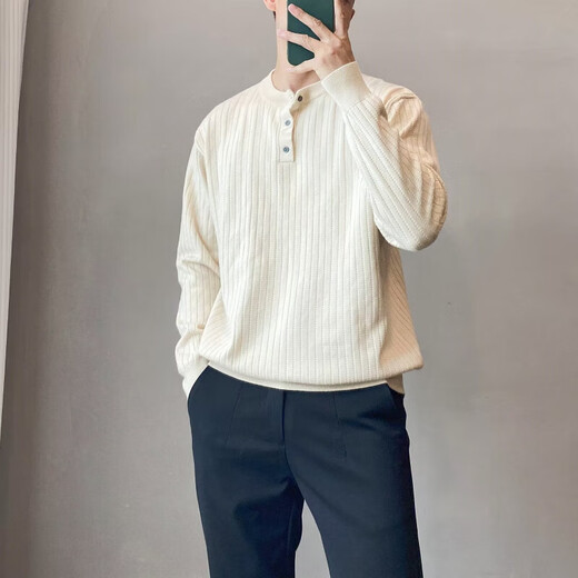Light mature business casual henley collar bottoming sweater men's long-sleeved spring and autumn half-buttoned round neck solid color sweater white M