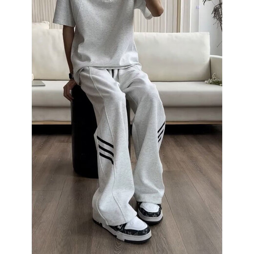 Cantu American retro three-stripe sports casual pants for men in autumn and winter trendy brand loose bootleg sweatpants high street scimitar pants white gray regular style XL