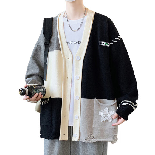 Pierre Cardin sweater cardigan men's autumn new loose casual versatile jacket men's color matching trendy design V-neck sweater 24865 light gray XL 180 (about 145~160Jin Jin equals 0.5 kg can be worn)