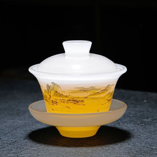 Jingdezhen tea set complete set of high-end Qianli Jiangshan light luxury white jade glazed tea set Chinese style household jade porcelain high Qianli Jiangshan master cup-Tianlan