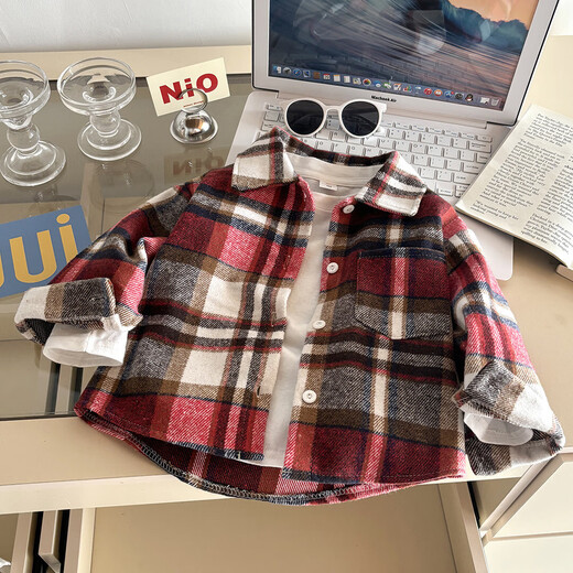 Children's shirt long-sleeved autumn plaid shirt boys retro color matching new cardigan lapel top girls B105 CY100 120 cm