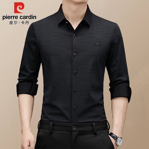 Pierre Cardin long-sleeved shirt men's spring and autumn loose trendy business casual knitted plaid shirt for young and middle-aged people, black XL