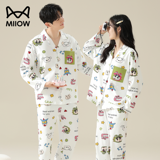 Cat Couple Pajamas Women's Pure Cotton Cartoon Autumn and Winter 25th New Product Crayon Shin-chan Long Sleeve Large Size Four Seasons Home Clothing Set