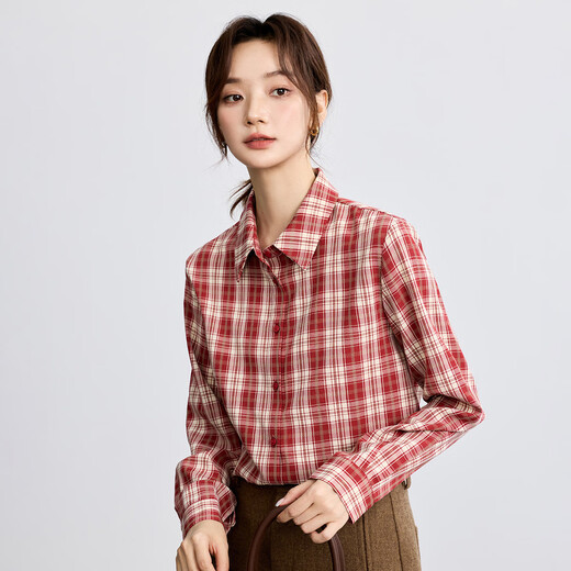 INMAN Hong Kong style retro college style sub-shirt for women 2025 autumn literary and versatile casual long-sleeved layered shirt red plaid S