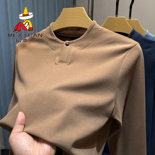 Scarecrow Double-sided German Velvet Henley Collar Slim Bottoming Shirt Men's Autumn and Winter T-shirt Men's Long Sleeve Thermal Brushed Underwear Gray L 170