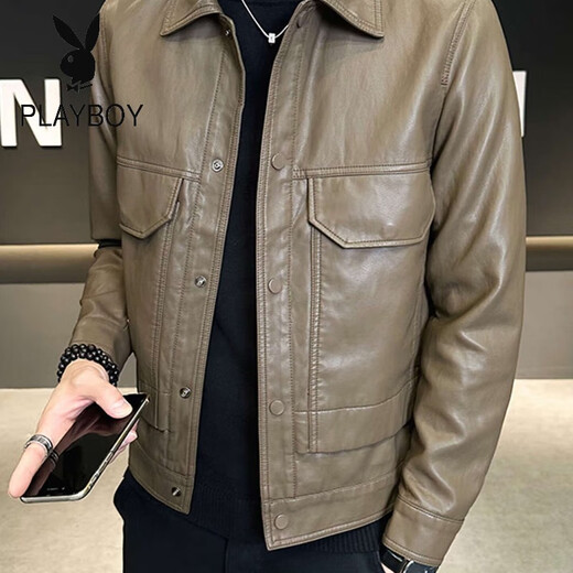 Playboy Motorcycle Leather Men's Jacket 2025 Spring and Autumn New Brown PU Leather Slim Short Retro Men's Clothes Jacket K6618 Coffee Color Regular M 90Jin Jin is equal to 0.5kg -110Jin Jin is equal to 0.5kg