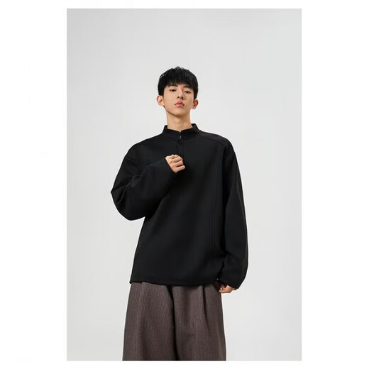 Chinese cotton splicing Hong Kong style color matching long-sleeved Polo shirt men's American retro loose sweatshirt high quality Henry collar black L