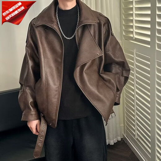 Leather jacket men's European and American style handsome lapel street trend motorcycle wear Korean PU leather jacket top clothes coffee color high-end quality 3XL