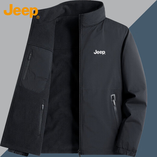 Jeep (JEEP) jacket men's velvet thickened warm jacket autumn and winter stand-up collar casual loose clothes dark gray velvet 2XL