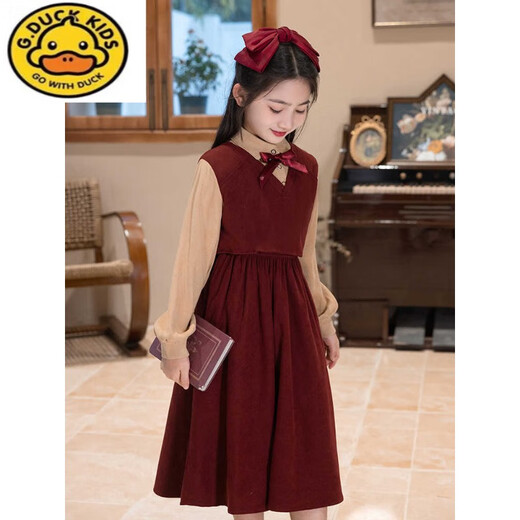 G.duck Little Yellow Duck Girls Dress Autumn 2025 New Medium and Big Children Red College Style Skirt Girls Spring and Autumn Style 59105-1 Maroon Red 110 cm