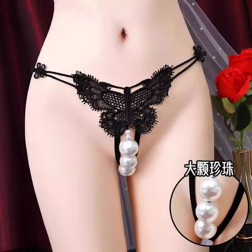 Women's Sexy Underwear Pearl Le Yin Large Size Massage Thong Fat mm Transparent Thong 2025 3040 Black M80-120Jin Jin is equal to 0.5 kg