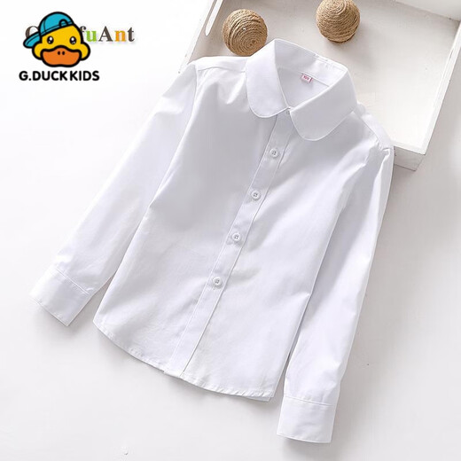 G.duck Little Yellow Duck Girls Polyester Cotton White Shirt Spring and Autumn Long Sleeve Primary School Uniform Middle and Large Children White Shirt Campus Model Lace White Long Sleeve 90 cn