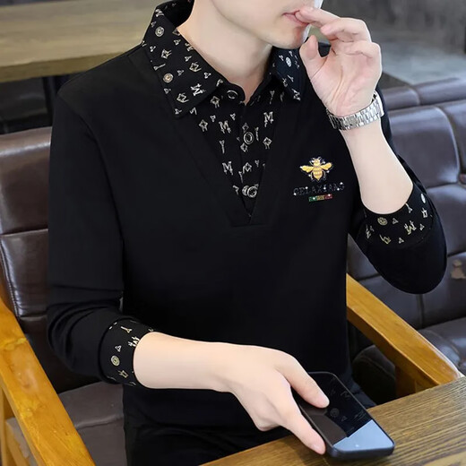 FZAF Light Luxury Men's Paul POLO Shirt Men's Long Sleeve 2025 Spring and Autumn New High-end Fashion Brand Fashion Casual Velvet T-shirt Black Bee Regular XL (Recommended 135-150 Jin Jin equals 0.5 kg)