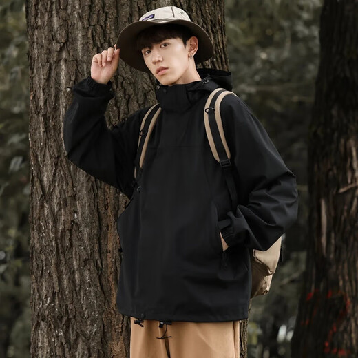 Spring and Autumn New Outdoor Sports Men's and Women's Outdoor Mountaineering Wear Couple Waterproof Windproof Hooded Jacket Black Regular 603 2XL