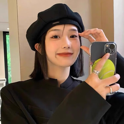 Back-tilt beret for women, fashionable and stylish octagonal hat, newsboy painter, big head circumference, autumn and winter woolen hat, retro, versatile, small face, black woolen thick style, one size fits all (recommended 56-58cm)