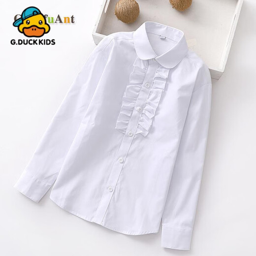 G.duck Little Yellow Duck Girls Polyester Cotton White Shirt Spring and Autumn Long Sleeve Primary School Uniform Middle and Large Children White Shirt Campus Model Lace White Long Sleeve 90 cn
