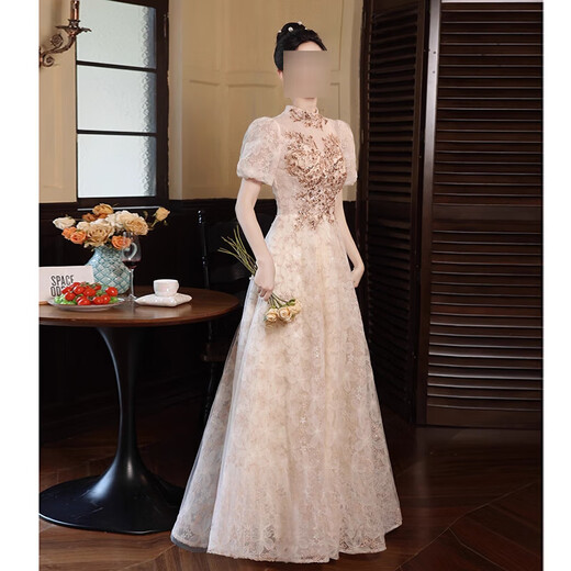 Xiaohanlu evening dress for women, high-end light luxury, dignified and decent, beautiful engagement dress 2025 new banquet host feeling 22260 mid-length short-sleeved XS